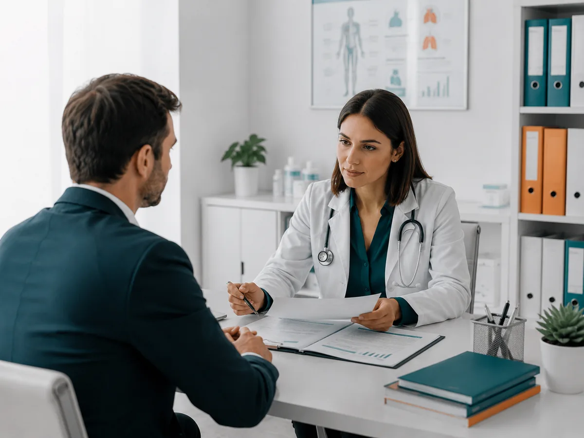 Sağlık raporu ve medikal tercüme projesini inceleyen profesyonel danışman