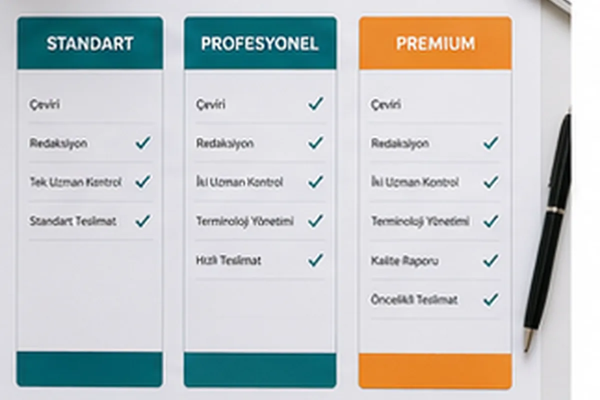 Aynı gün ertesi gün ve normal tercüme teslim seçeneklerini karşılaştıran çalışma tablosu